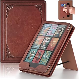 Lainergie Funda para libro electrónico con soporte y correa de mano, incompatible con iPad Samsung TCL, funda de piel sintética duradera con encendido automático, color marrón