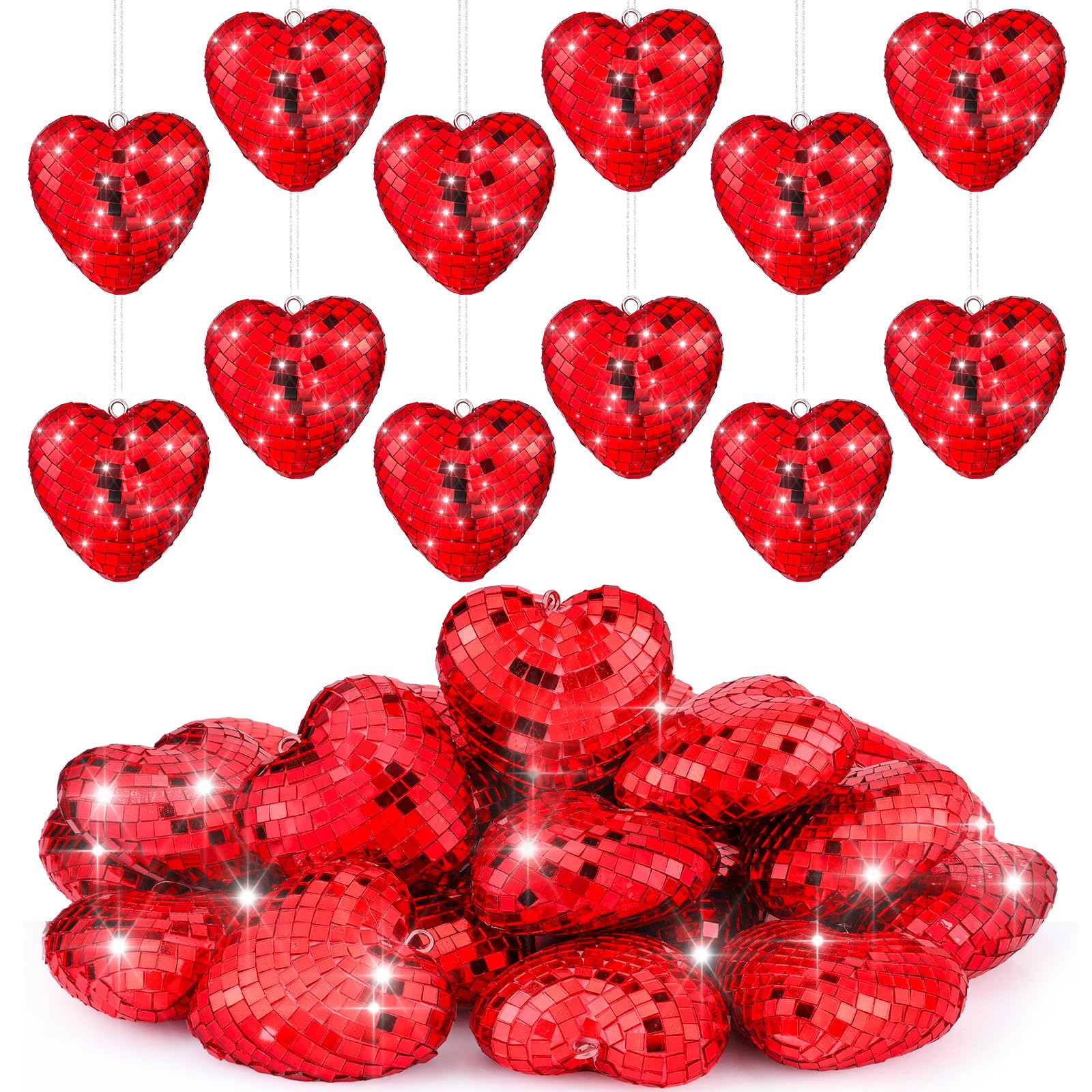 24 Pcs 24 Pcs Valentine‘s Day Heart Hanging Ornaments for Tree Disco Balls Mirror Disco Ball Decor Baubles Plastic Heart Decoration for Valentine‘s Day Wedding Party Supplies (Red)