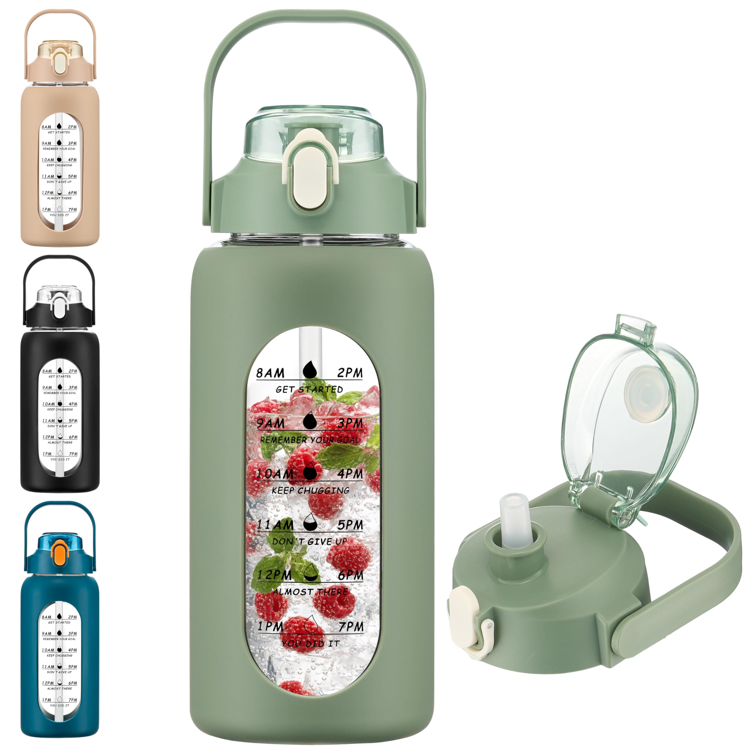 LIMILI 1 Pack 2000ml Glass Water Bottle with Handle and Straw, Leakproof Motivational Water Bottle with Silicone Sleeve and Time Marking for Gym Sports Outdoor