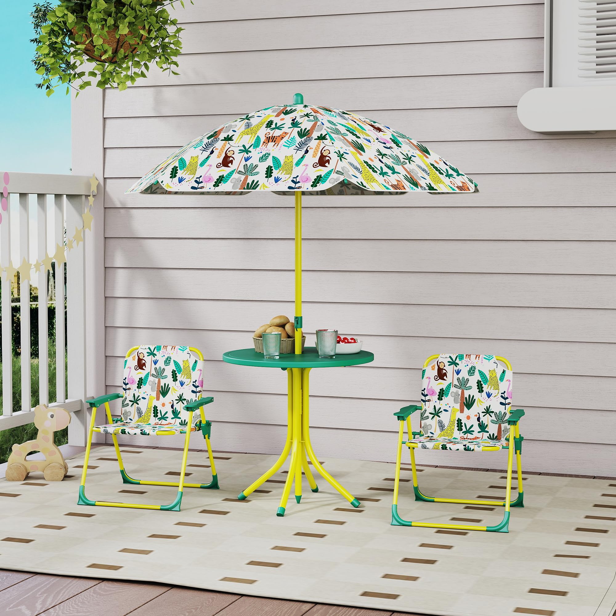 AIYAPLAY Conjunto de Mesa y Sillas Infantil de Jardín de 4 Piezas, Mesa Infantil con Sillas Plegables, Sombrilla Desmontable, Diseño de Jungla, para Patio, Pícnic, Verde