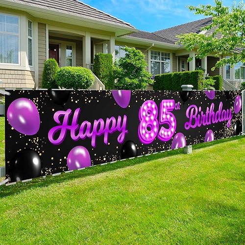 Miniatura 1 de Cartel de feliz cumpleaños 85 morado y negro, decoración temática de globos de confeti para mujeres de 85 años, suministros de fiesta de cumpleaños,