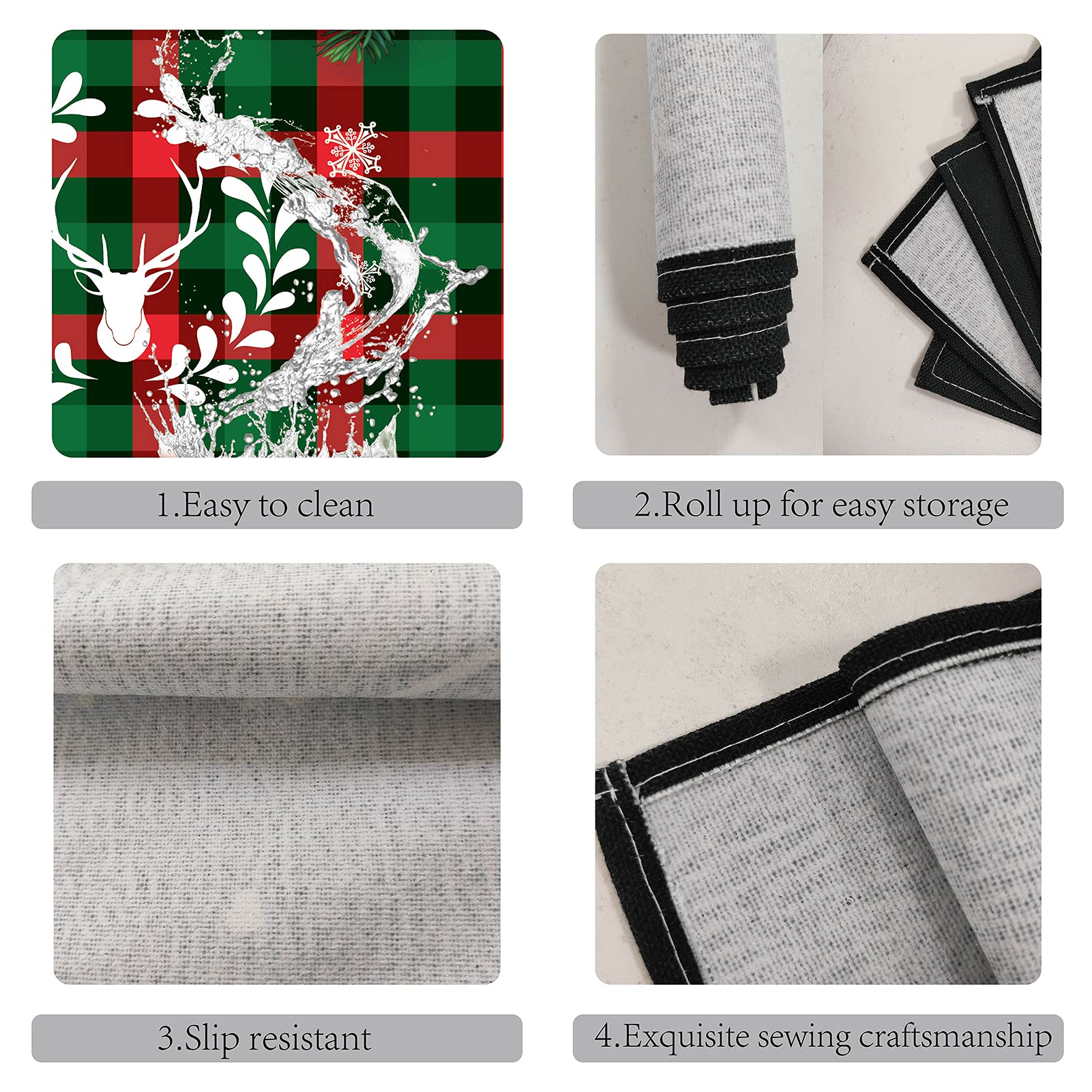 CREATCABIN Tovagliette Natalizie In Lino Set Da 4 - 45x30 Cm Con Motivi Alce, Fiocco Di Neve E Reticolo Rosso Nero - Lavabili E Antiscivolo - 3