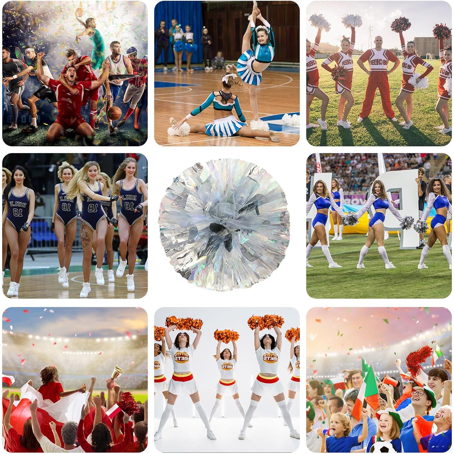 20 PCS Cheerleading Poms, 13.8inch Sports Dance for Sports Team Spirit Cheering with Finger Rings (Colorful+Silver)