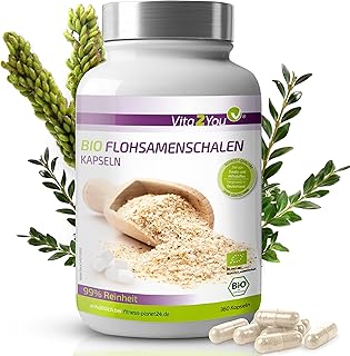 Vita2You Bio Flohsamenschalen Kapseln - 360 Kapseln - 750mg pro Kapsel - Flohsamen Schalen hochdosiert - Biologischer Anbau - Premium Qualität