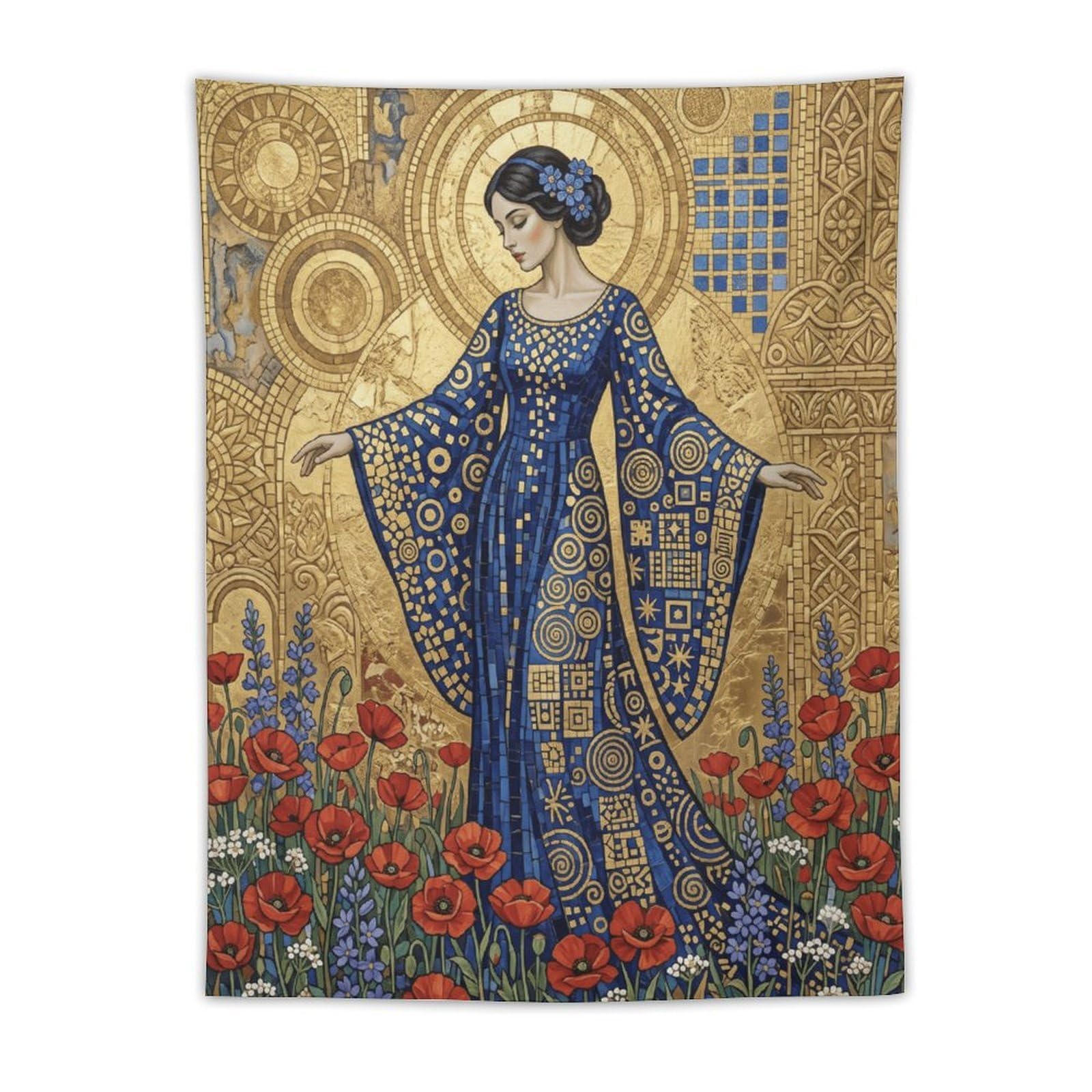 W7C8U2X3 Poppy Golden Mosaic Woman Wall Tapestry, Ornate Floral Halo