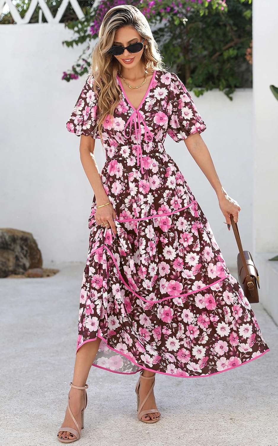 PRETTYGARDEN Women Summer Boho Maxi Dresses 2025 V Neck Puff Short Sleeve A-Line Flowy Tiered Floral Wedding Guest Dress - Image 7
