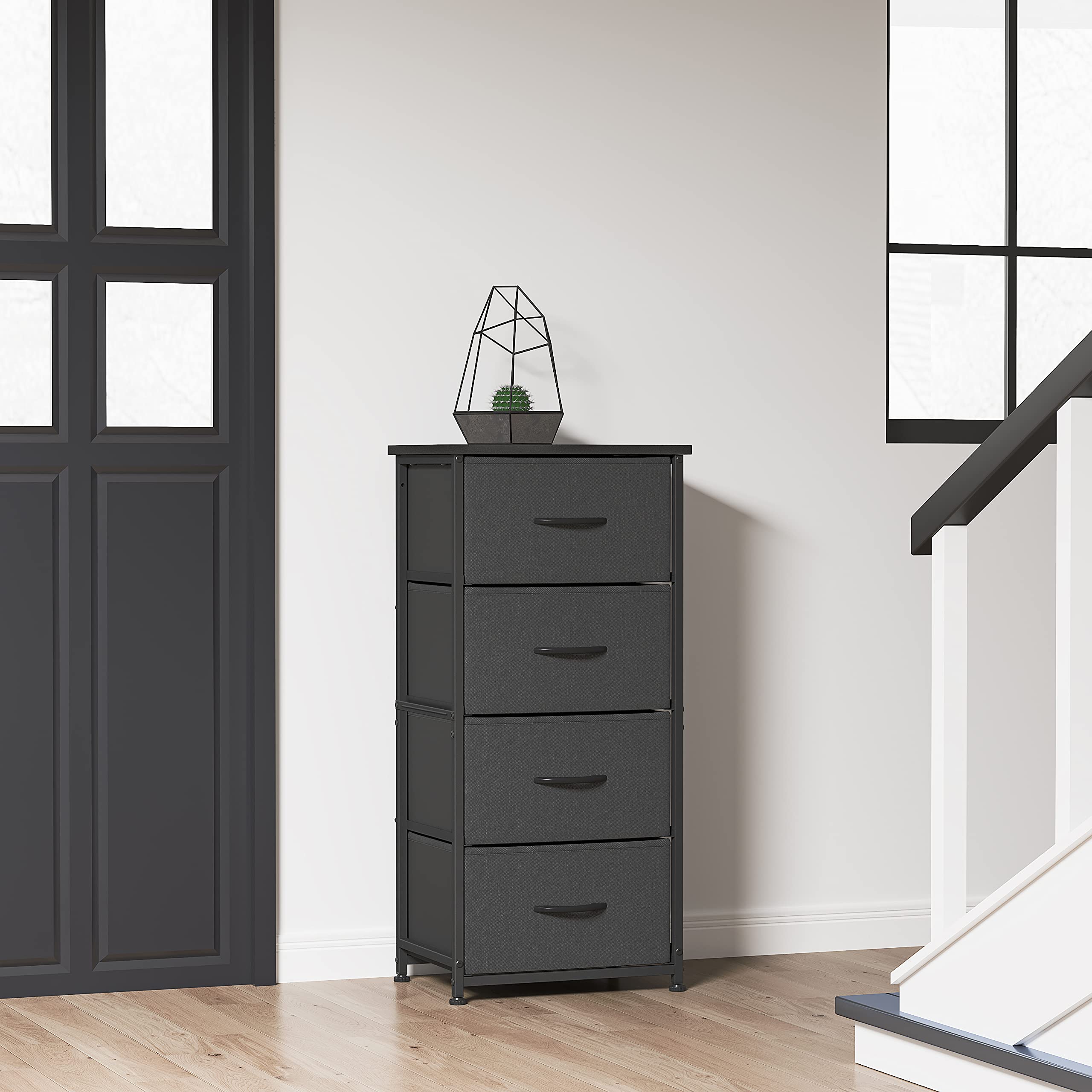 FEZIBO 4 Drawer Fabric Dresser Storage Tower, Organizer Unit for Bedroom, Closet, Entryway, Hallway -Steel Frame, Wood Top, Easy Pull Handle, Black Grey