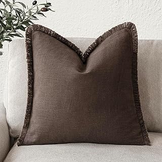 Foindtower Decorative Linen Fringe Throw Pillow Covers Cozy Boho Farmhouse Cushion Cover with Tassels Soft Accent Pillowcase for Chair Sofa Bed Living Room Home Decor, 22×22 Inch, 1PC,Reddish Brown