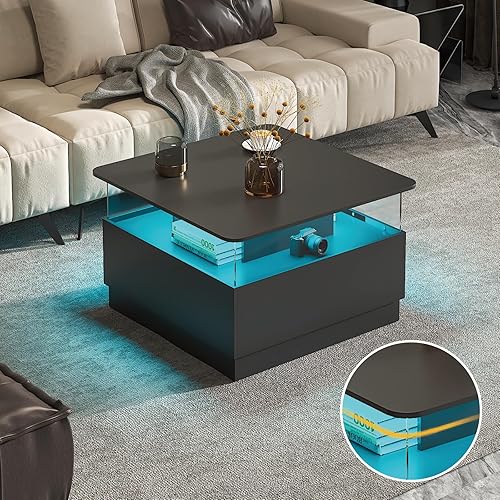 Miniatura 3 de Mesas de centro redondas con almacenamiento, mesa de centro moderna para sala de estar, mesas de centro cuadradas negras y 2 cajones espaciosos,