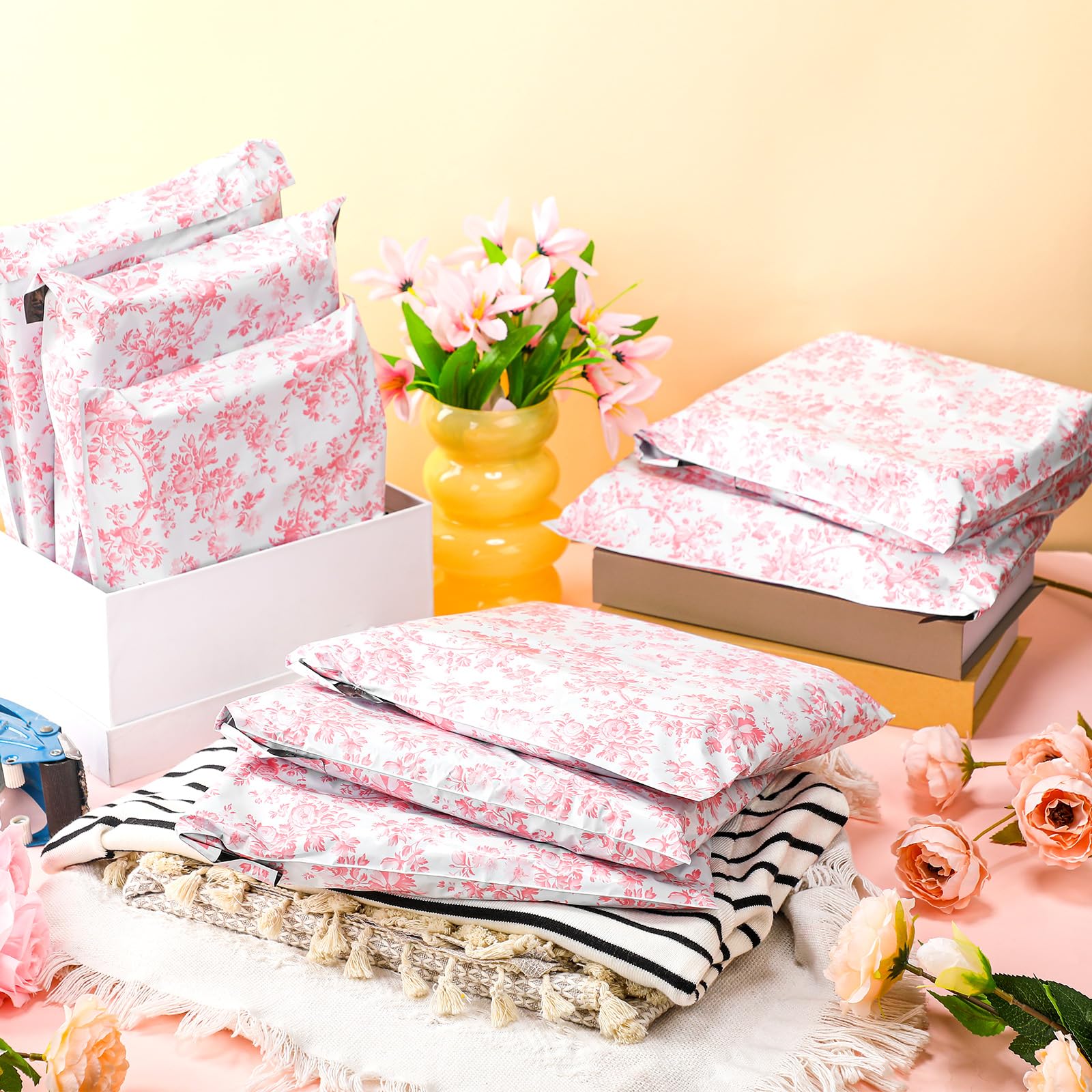 SATINIOR Lot de 200 enveloppes d'expédition imperméables auto-adhésives en polyéthylène pour petites entreprises et grandes entreprises - 25,4 x 33 cm - Motif floral rose coquette