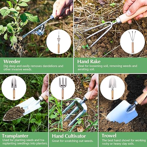 Miniatura 5 de Juego de herramientas de jardinería de 9 piezas, kit completo de jardinería con herramientas manuales de acero inoxidable de alta resistencia, bolsa