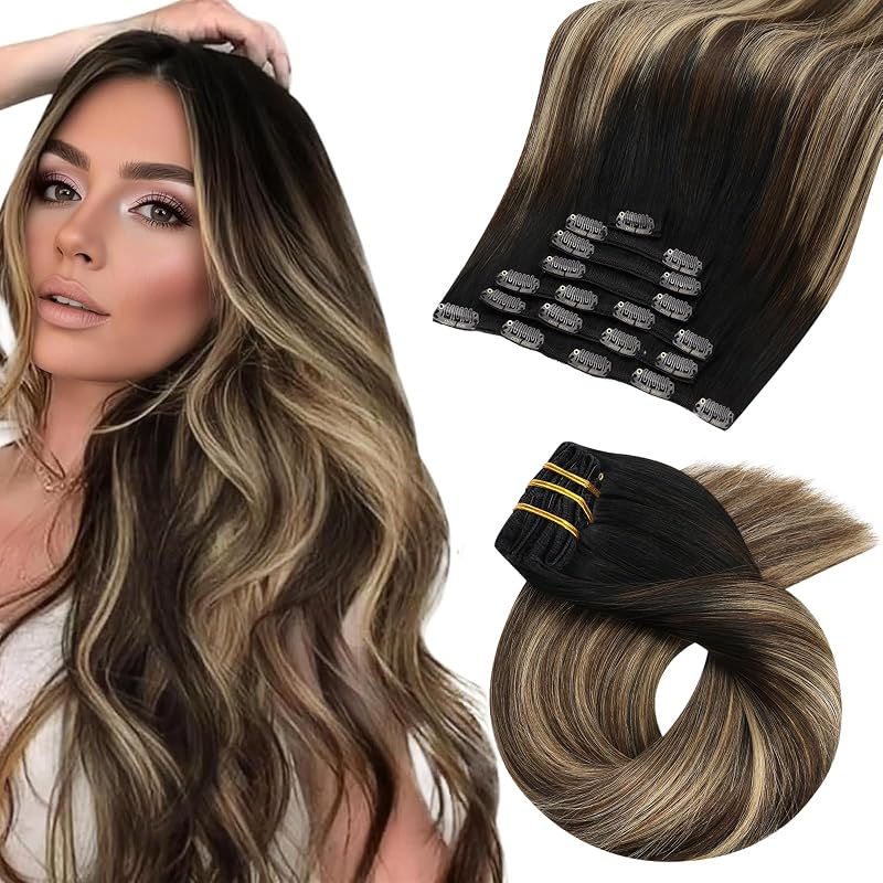 Extensiones de cabello con clip Moresoo Balayage de negro a rubio caramelo 18 pulgadas 120 g | Extensiones con clip de cabello humano, negro natural con balayage marrón y rubio caramelo, 7 piezas, doble trama, aspecto de cabeza completa
