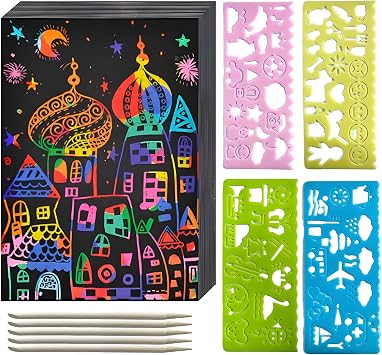 50Pcs Rainbow Scratch Art Paper Set for Kids,A4 Size8.27 * 11.69in Magic DIY Painting Art Paper for Kids with 4 Templates and 5 Wooden Scraper Pens