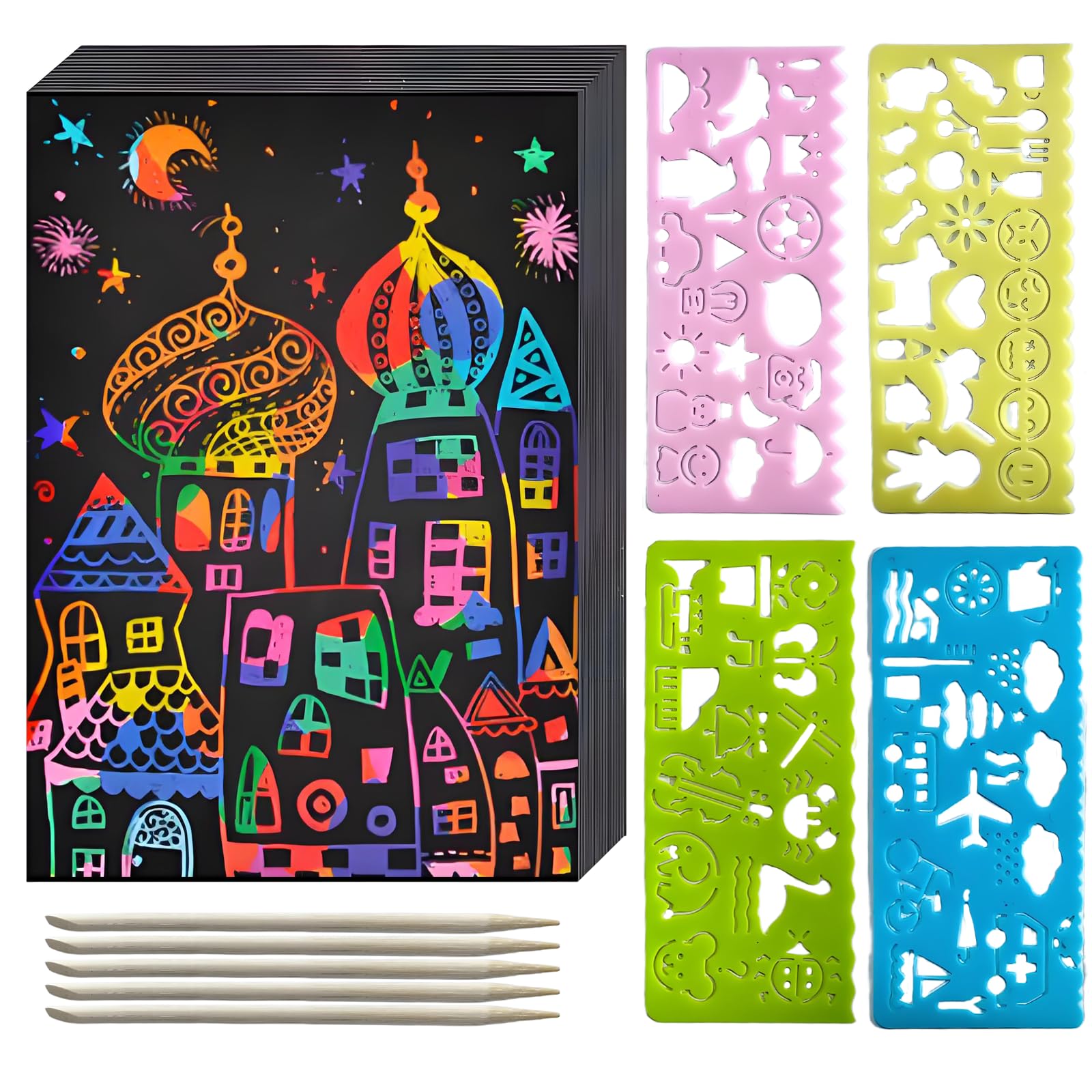 50Pcs Rainbow Scratch Art Paper Set for Kids,A4 Size(8.27 * 11.69in) Magic DIY Painting Art Paper for Kids with 4 Templates and 5 Wooden Scraper Pens
