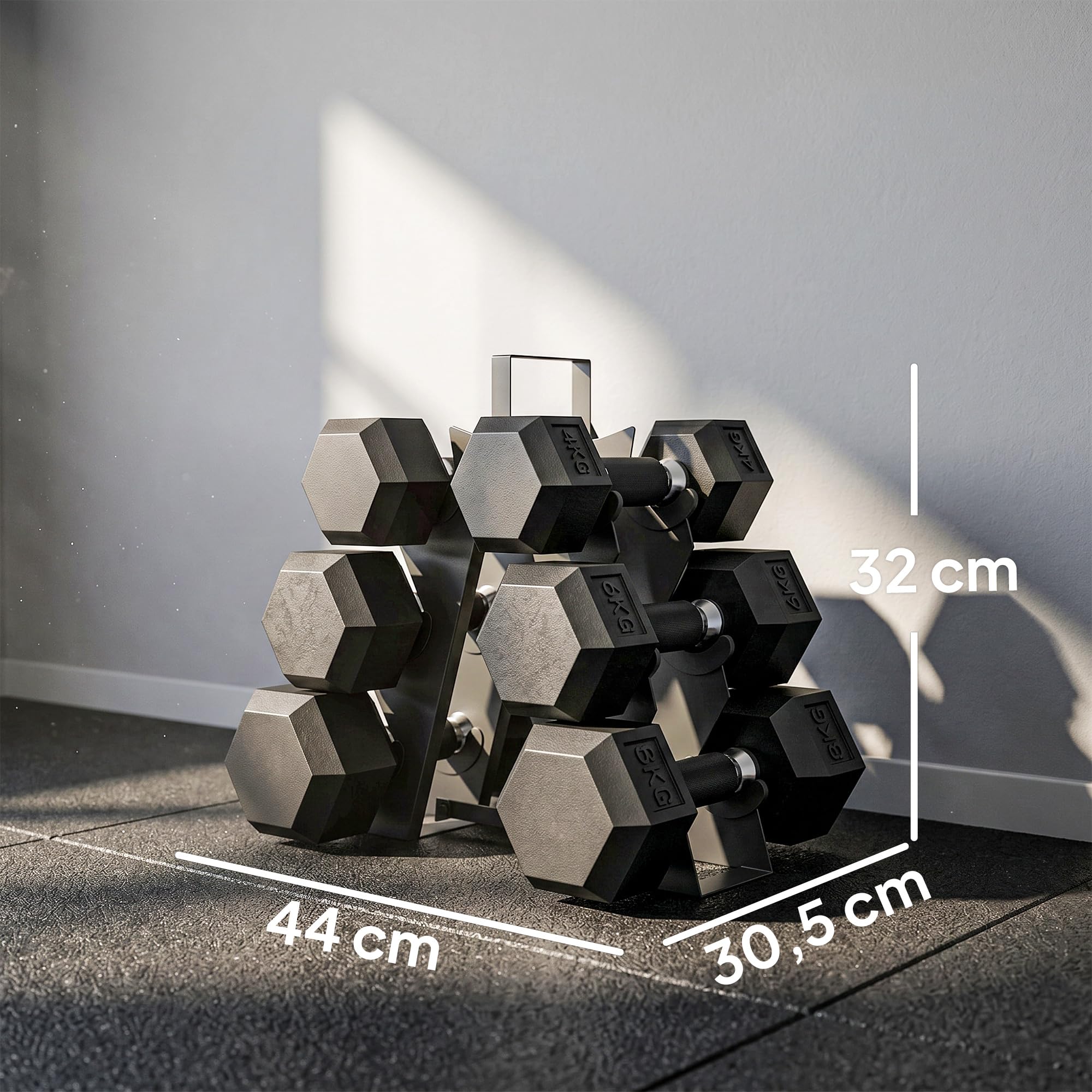 SPORTNOW Juego de Mancuernas de 6 Piezas 36 kg, Mancuernas Hexagonales 2x4kg, 2x6kg, 2x8kg, con Soporte Almacenamiento, Recubrimiento de Goma y Mango Antideslizante para Entrenamiento en Casa Gimnasio
