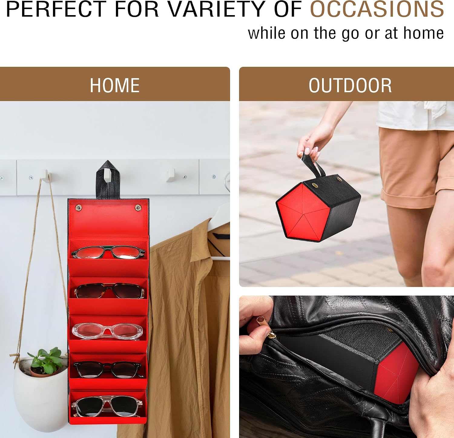 FEISEDY Sunglasses Organizer 5 Slots Travel Glasses Case,Hanging Eyewear Holder Fashionable PU Leather Eyeglass Case B0087