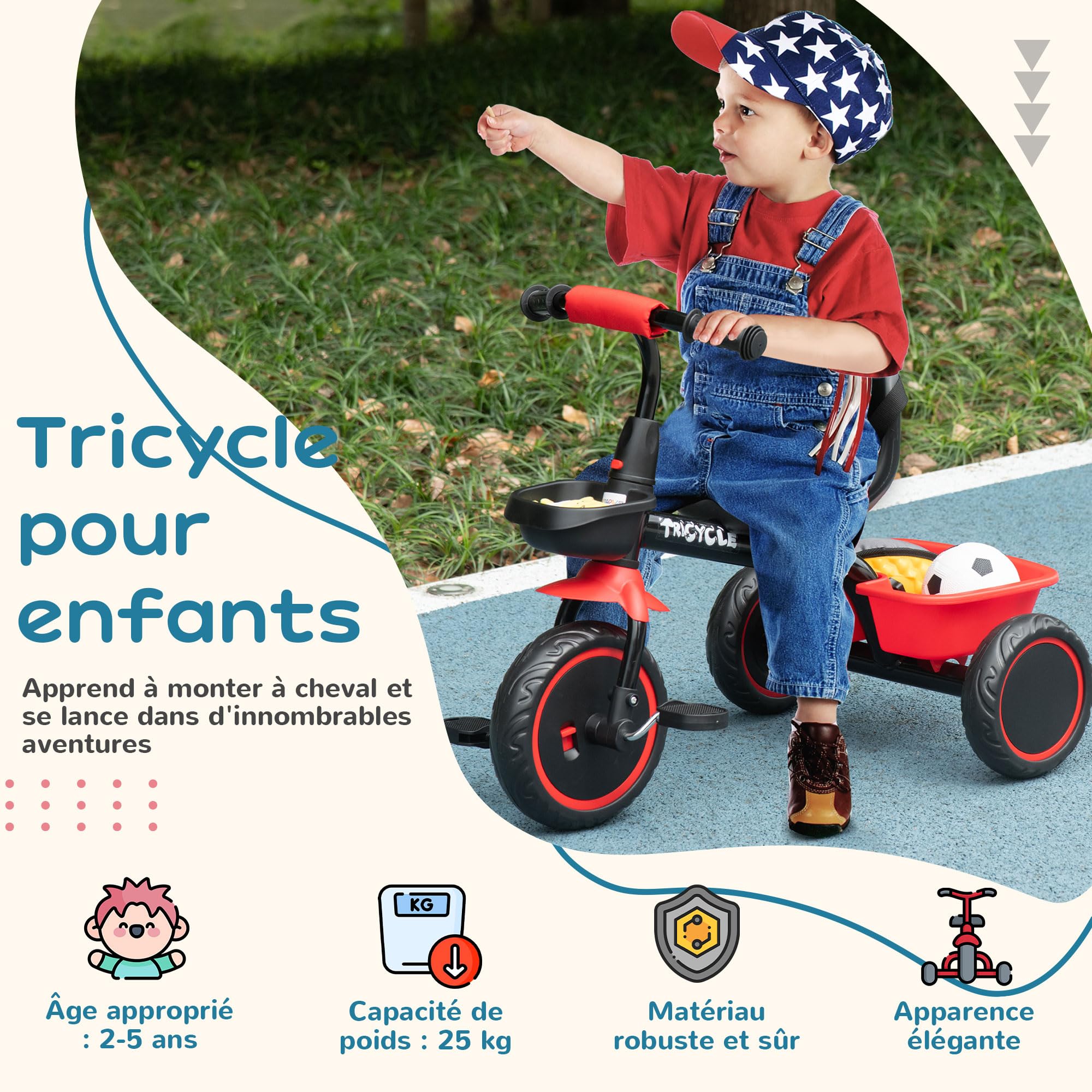 AIYAPLAY Tricycle pour Enfant évolutif avec siège réglable - pédales - 2 paniers - Ceinture - pour Enfant de 2 à 5 Ans - Rouge et Noir