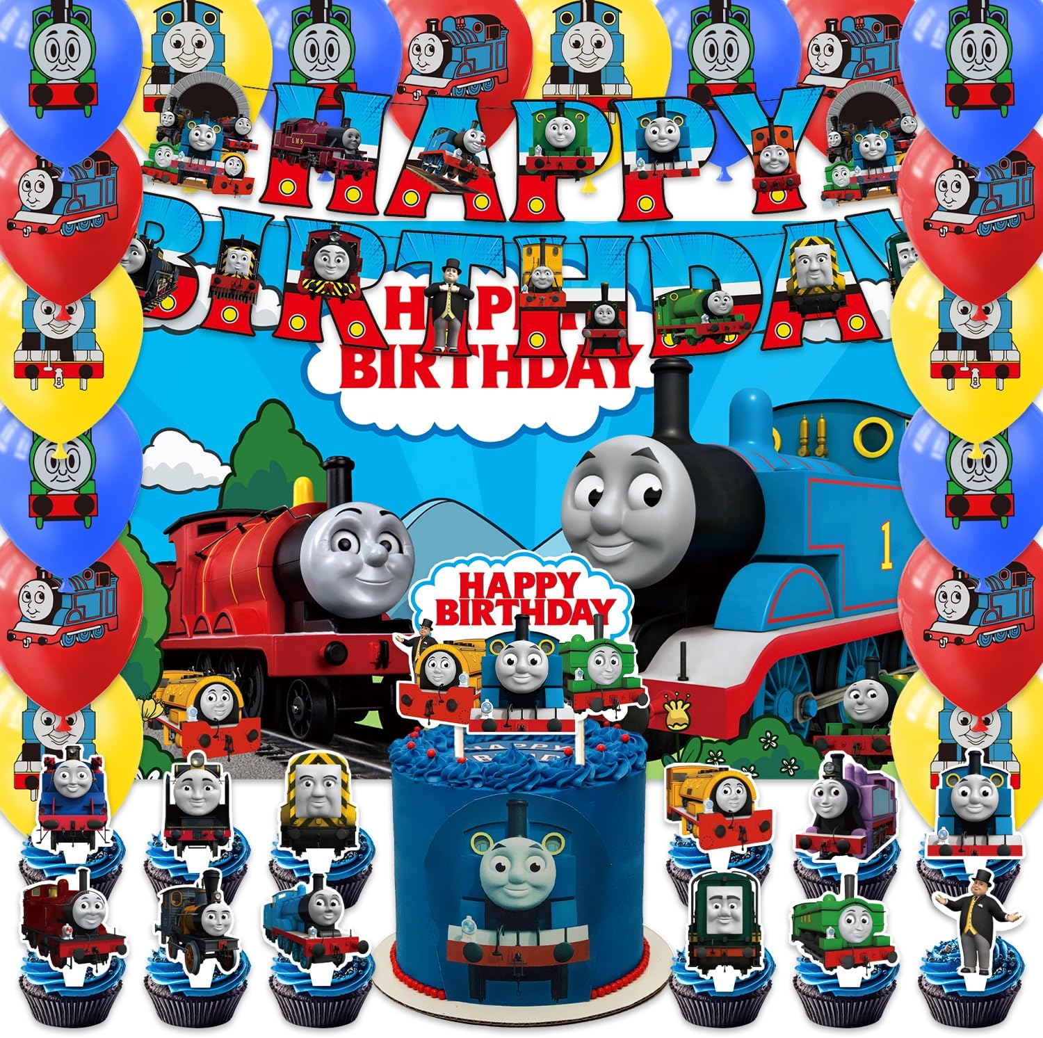 42Pack Train Friends Party Supplies Pack Includes,Banner,Cake Topper,Blackdrop,Balloons for Train Friends party Decoration plates