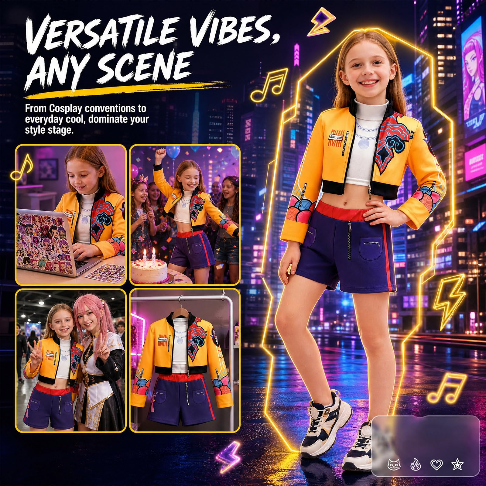 Simsky Anime Cosplay Kostüm für Mädchen, Idol Sängerin Outfit Set, Bühnenkleid mit Jacke, Hose und Aufklebern, Karneval Fasching Party Anzug für Teenager
