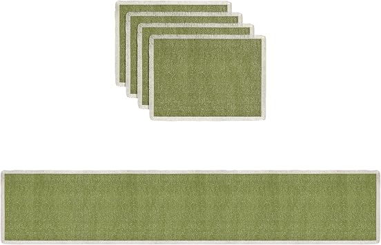 Hausattire Cotton Frayed Placemats Set of 4 Dining Table 13x19 Inch and Table Runner Cotton Frayed Boho 12x72 Inches | Rustic Vintage Boho Washable Placemat Tablerunner for Outdoor Parties| Green