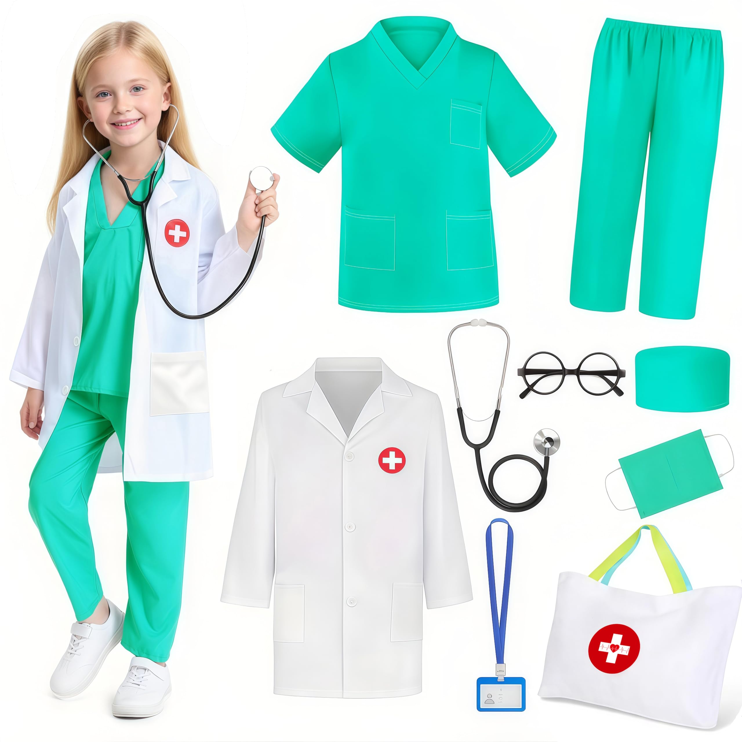 Wbesty Doctor Costume for Kids 9PC Boys Girls Doctor Role Play Outfit with Bag Kids Scrubs Dress Up for Halloween Pretend Play, Green 9-10Y — image 1