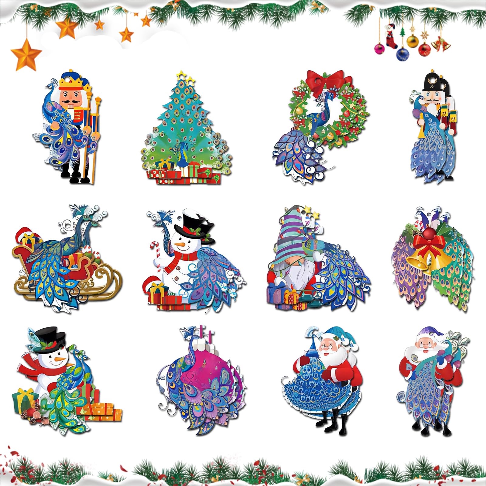 Larfraecy Adornos de Madera para el árbol de Navidad 24Pcs Adornos Colgantes de Navidad de Plumas de Pavo Real Papá Noel Cascanueces,en 12 diseños,Colgantes Árbol de Navidad