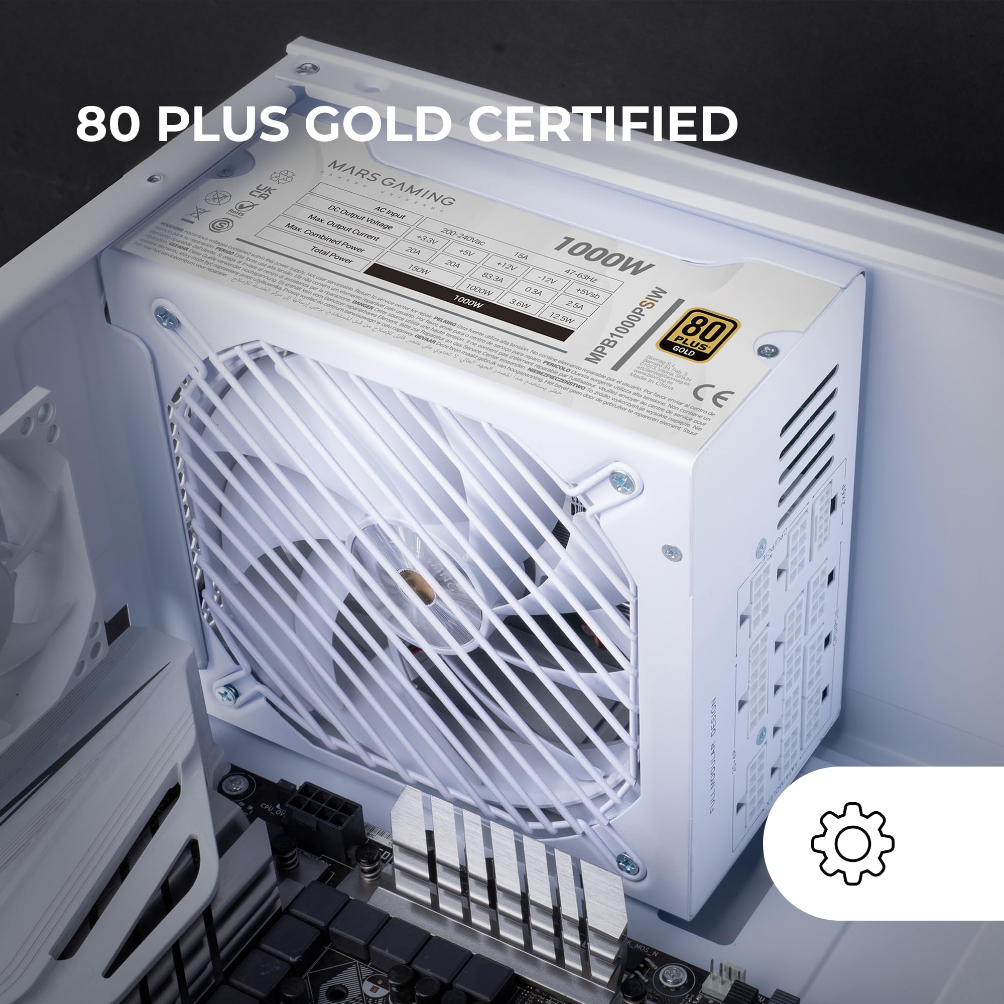 MARS GAMING MPB1000PSI, Alimentatore Full Modulabile ATX 1000W, 10 Anni di Garanzia, 80Plus Gold 90%, Ventola SI 140mm, Tecnologie AI2-RPM, DC-DC e SMD, ATX 3.1 e PCIe 5.1, Connettore 12V 2x6, Bianco
