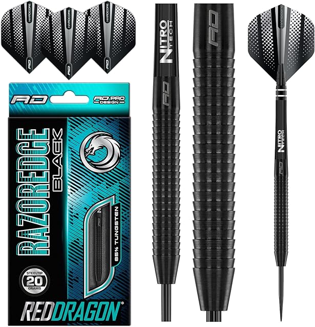 RED DRAGON Razor Edge Black 20-gramowy zestaw profesjonalnych rzutek wolframowych z piórami i wały (łodygi)