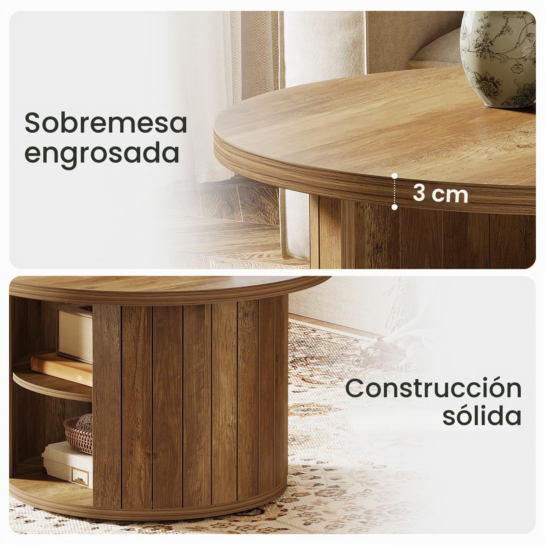 Tribesigns Mesa de Centro Redonda de 2 Niveles, 80×80×50cm, Mesa de Café Industrial para Sala de Estar, Oficina, Marrón Rústico