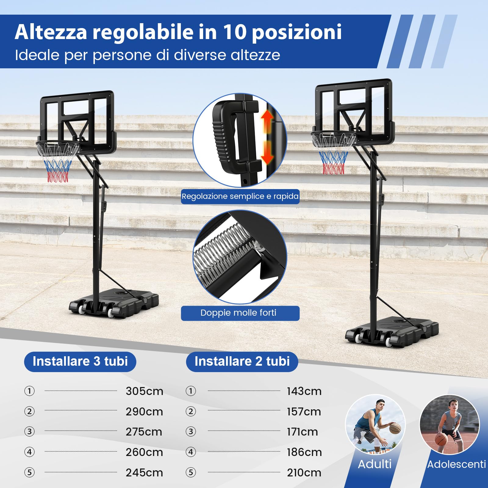 COSTWAY Canestro Basket da Interno ed Esterno per Adulti, Canestro da Basket Professionale e Regolabile in Altezza da 245 a 305 cm con Tabellone da 111cm, Base Riempibile e 2 Ruote