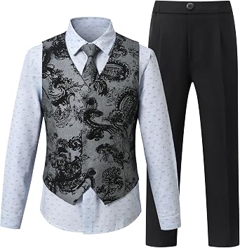 SWOTGdoby Boys 4 Piece Suit Embroidery Floral Tuxedo Suit Set Toddler Boy Vest Set Kids Wedding Ring Bearer Outfit