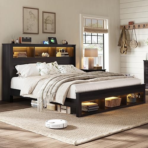 Albott Farmhouse Queen Size Bed Frame with Bookcase Headboard and Footboard, Storage Wood Platform Bed with Wooden Slats Support, Noiseless LED Bed Frame, No Box Spring Needed, Black