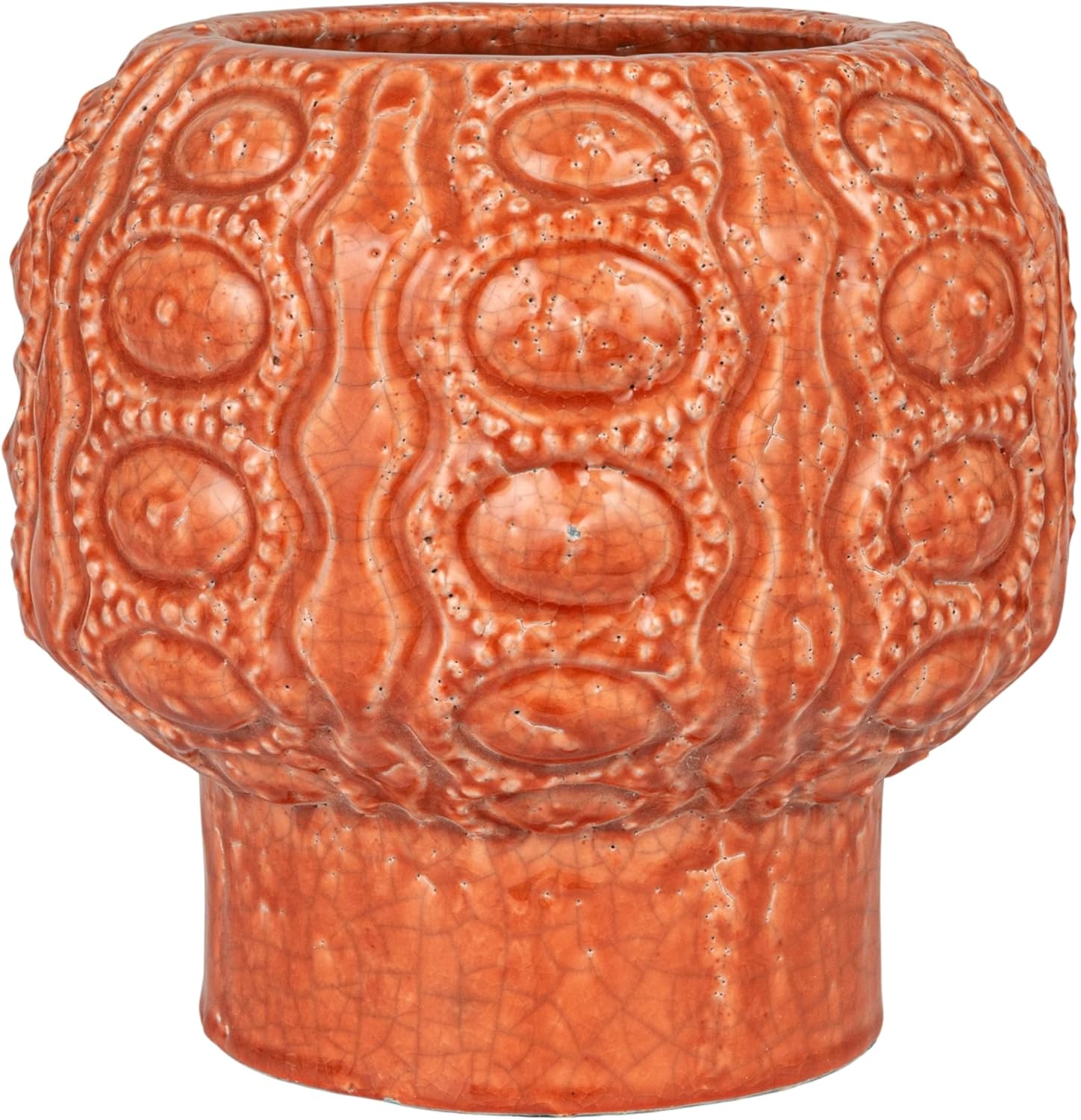 Embossed Coral Terra-Cotta Footed Planter with Crackle Glaze