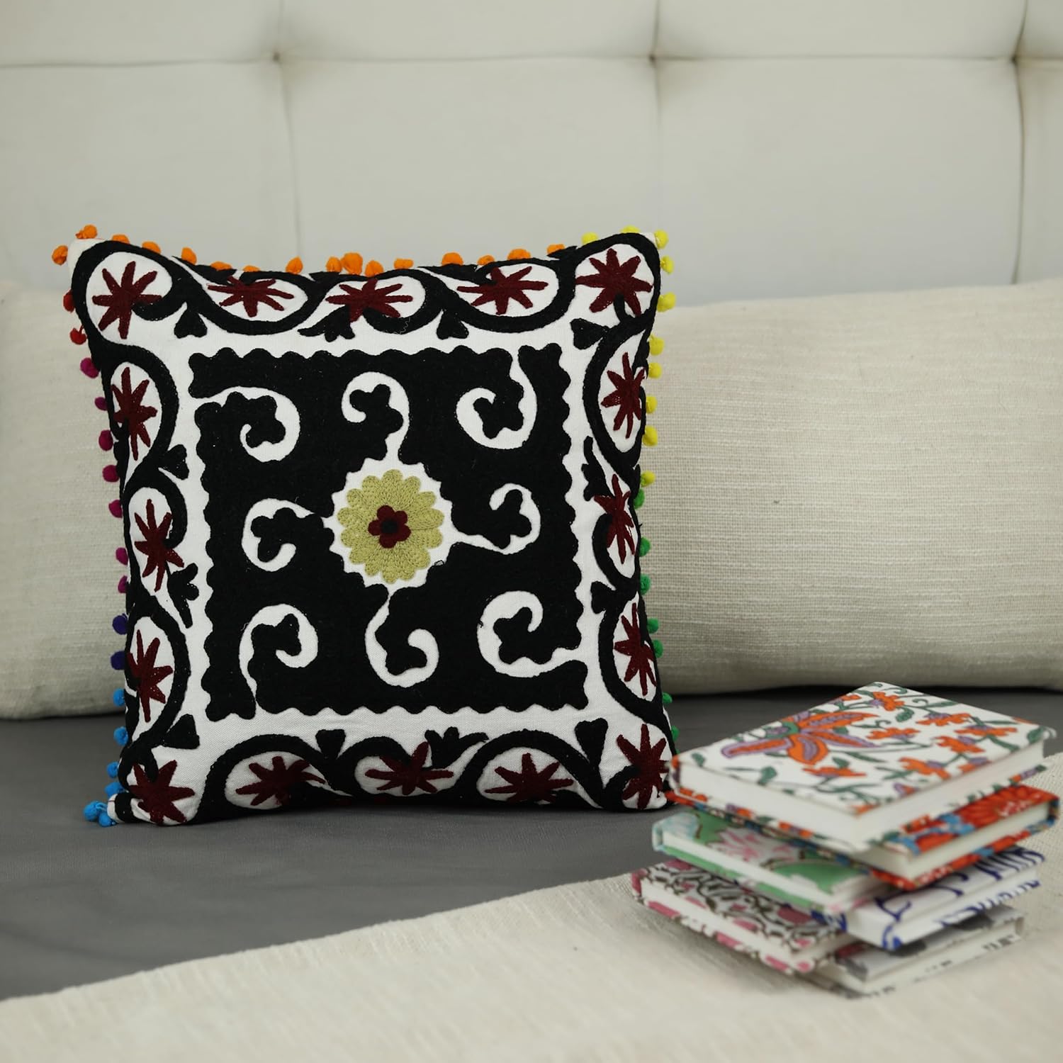 Trade Star Floral Embroidered Cushion Cover with Pom Pom Lace Cushions, Decorative Bohemian Pillow Covers, Indian Cotton Cushion Covers