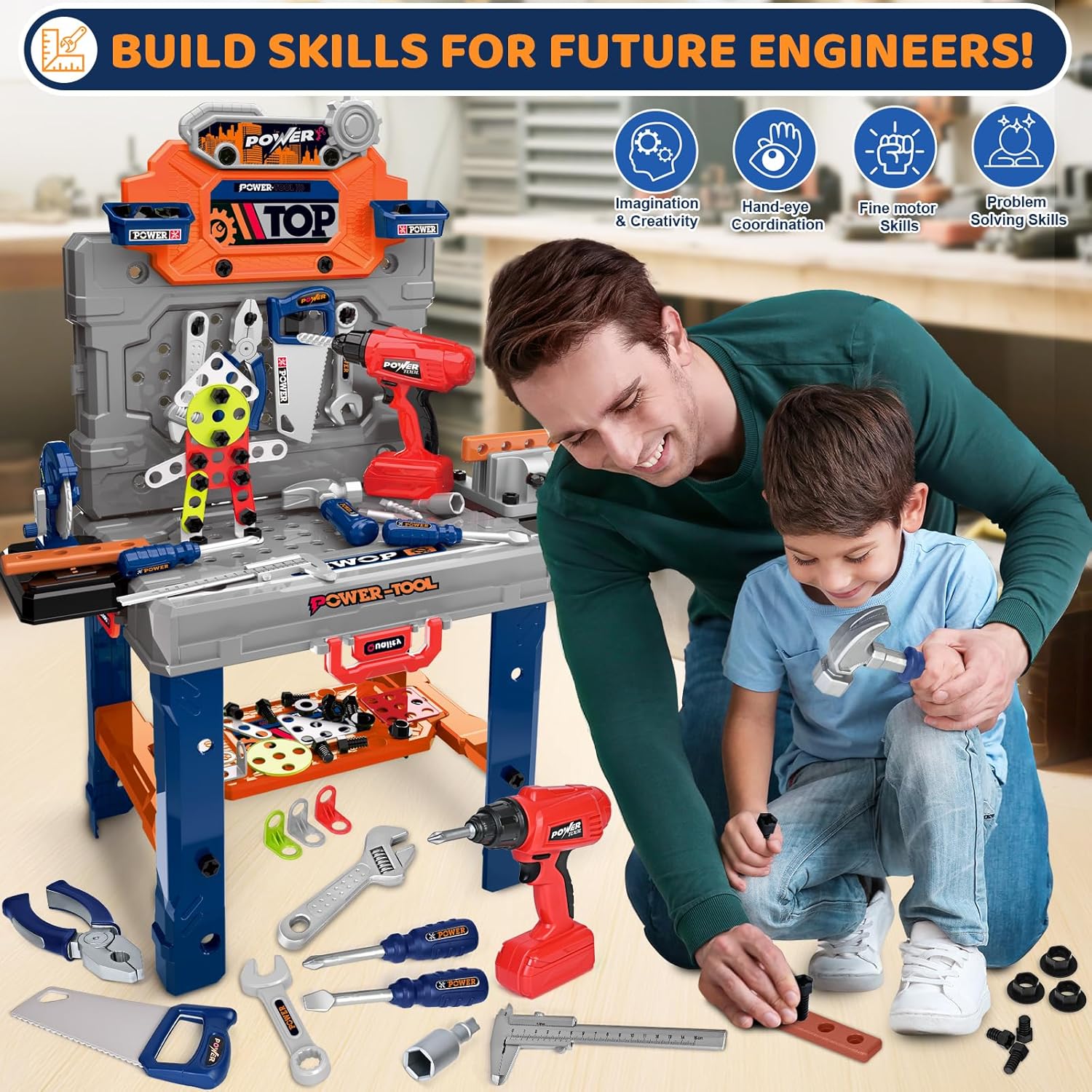 Kids Tool Bench with Realistic Electric Drill, 132 PCS Toddler Tool Set, Birthday Toys for Kids Ages 3 4 5 6 7 8, Toddlers Tool Box & Workbench, Kid Tools Set for Boys Girls 3-5 6-8