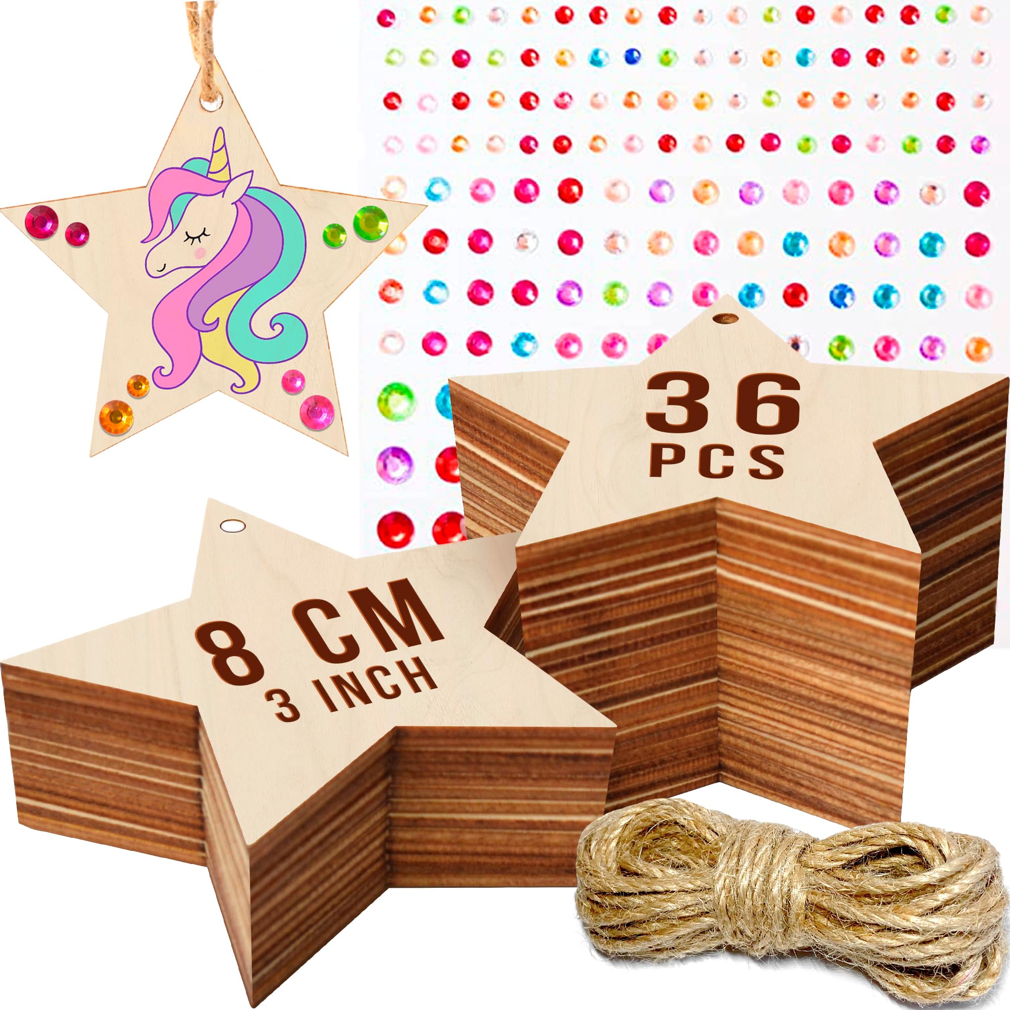 36 PCs Blank Wooden Stars Large - 8cm Wood Stars for Crafts, Painting & Decor - Unfinished Wood Star with Holes & Rhinestones as Wooden Christmas Ornament Hanging