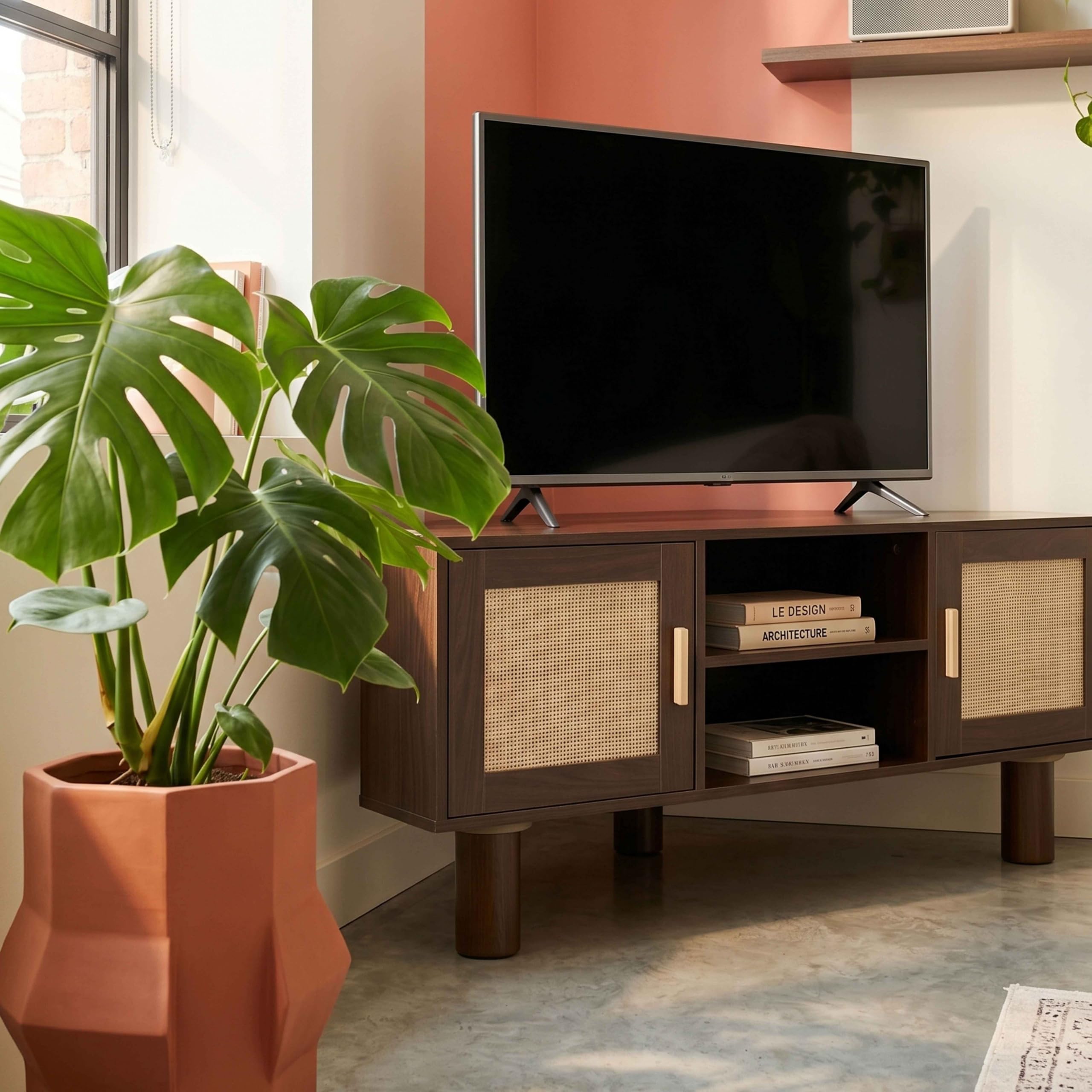 Oviala Meuble TV d'angle 120 cm en rotin synthétique scandinave Bois foncé