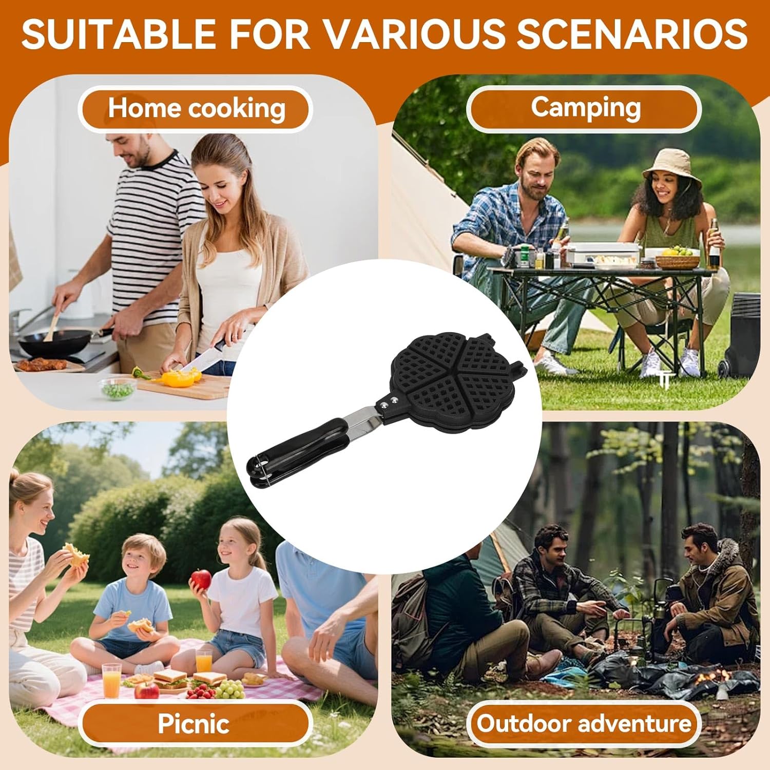 HERCHR Waffle Pan Maker, 5.9in Waffle Maker Double Sided Mini Pancakes Maker Machine, Portable Waffle Baking Pan Skillet Non Stick Camping with Long Handle for Family Breakfast Baking