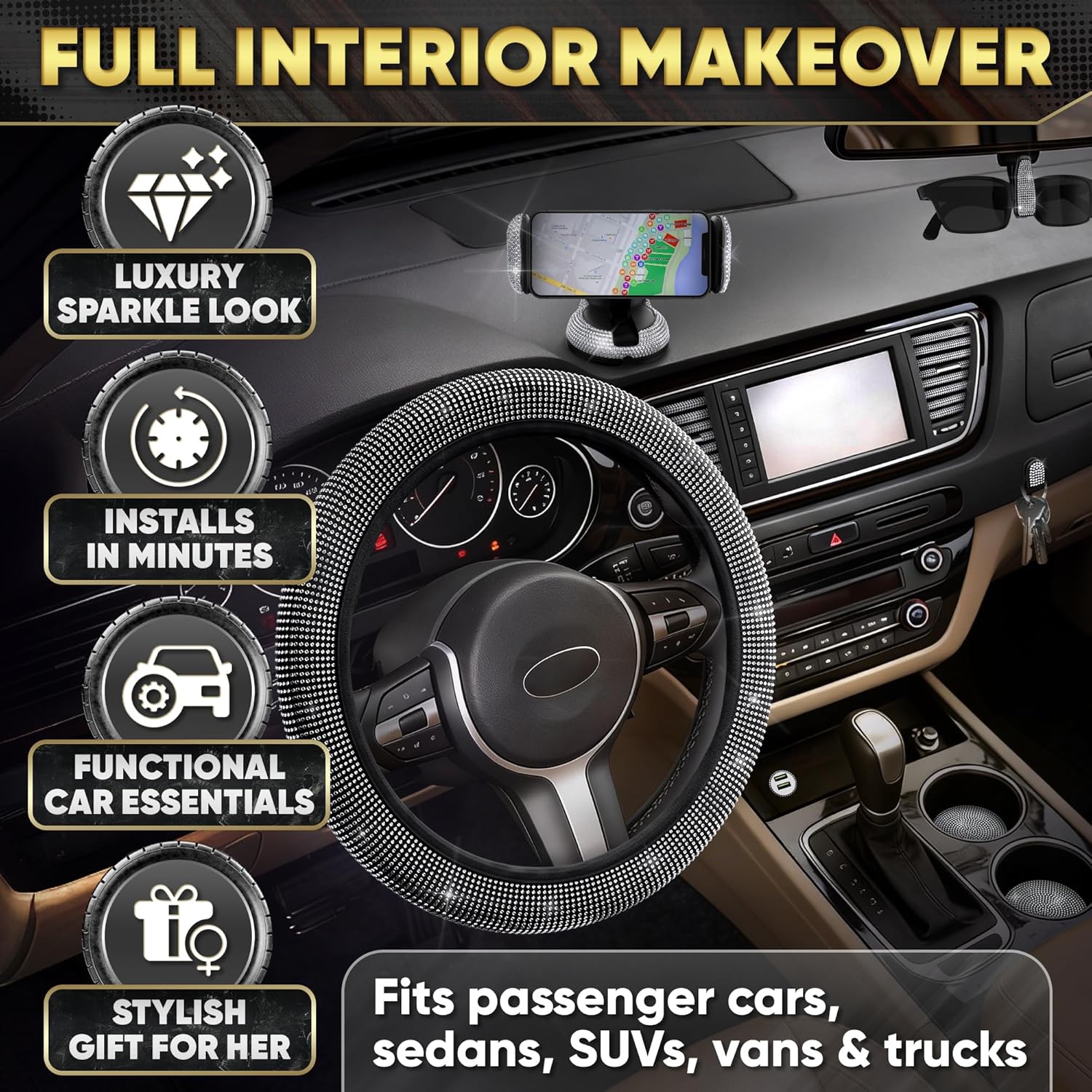 Bling Car Accessories Set 27 Pieces – Silver Steering Wheel Cover, Diamond License Plate Frame, Rhinestone Interior Car Decor, Cup Holders, Hooks, Universal Fit, Great Gift for Auto Lovers