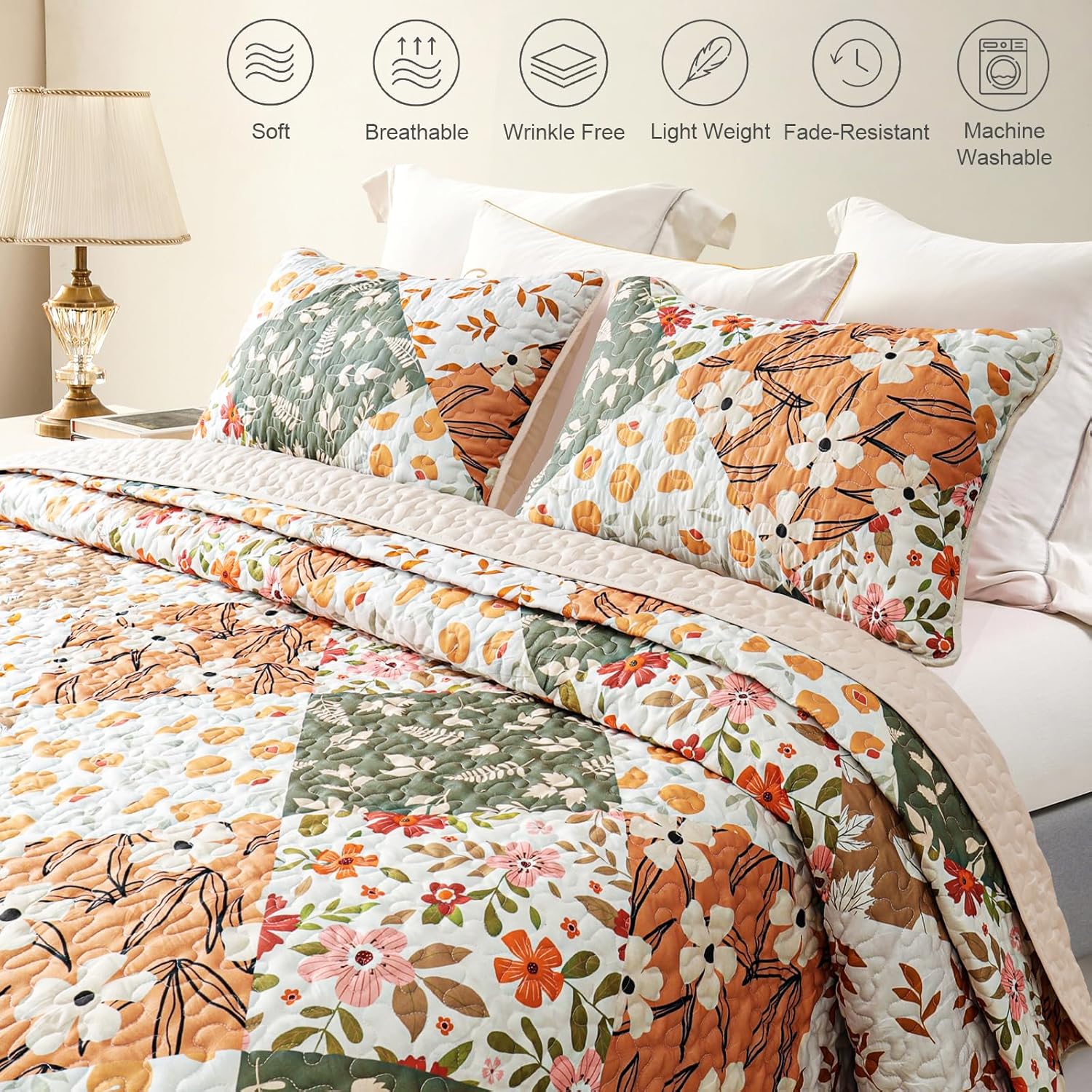 Whale Flotilla Patchwork Quilts Queen Size, Extra Soft Boho Floral Bedspreads for Bed Reversible Lightweight Full Queen Quilt Bedding Set Printed Coverlets with 2 Pillow Shams for All Seasons, Orange - Image 3