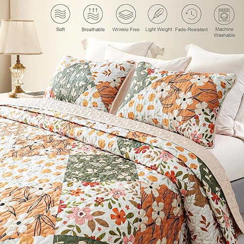 Miniatura 3 de Whale Flotilla Colcha de retazos tamaño King, colcha floral bohemia extra suave para cama, reversible, ligero, juego de ropa de cama con estampado