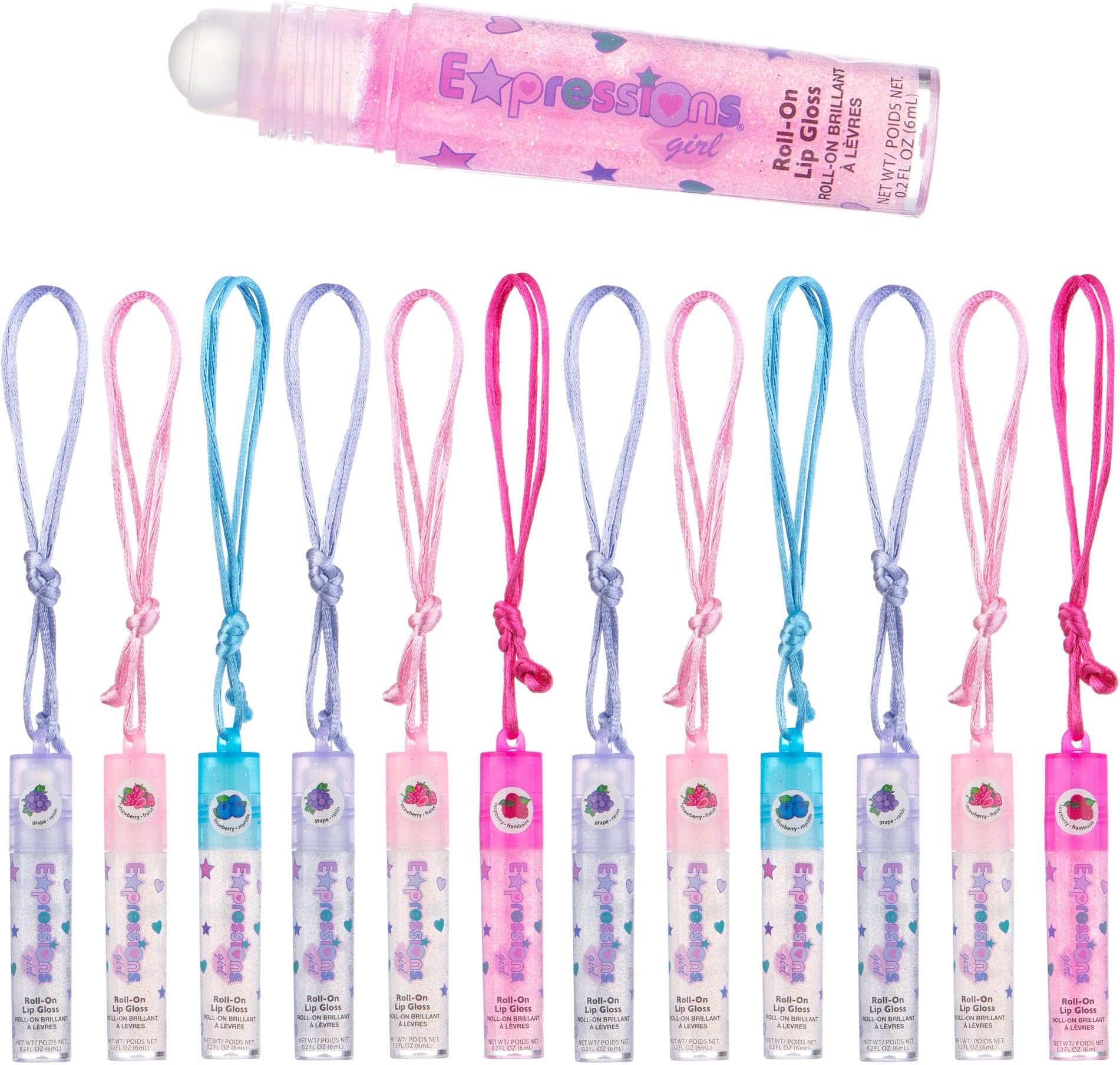 EXPRESSIONS 12 Pc Lip Gloss Necklace, Fruit Flavored Lip Gloss Set, Lip Gloss Value Pack, Party Favors, Stocking Stuffers, Teen Girls Trendy Stuff, Non Toxic Lip Gloss Necklaces For Girls