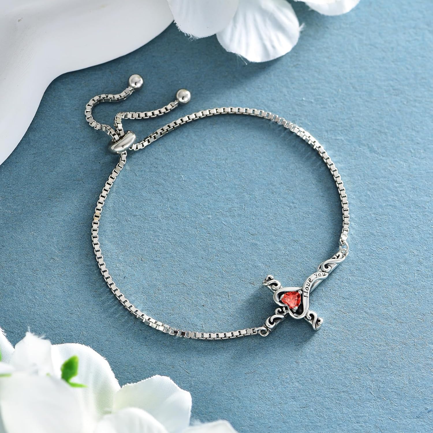 TOUPOP Birthstone Cross Bracelet for Women 925 Sterling Silver Cross Heart Bracelet I Love You Jewelry Birthday Mothers Day Gifts for Mom Wife Her