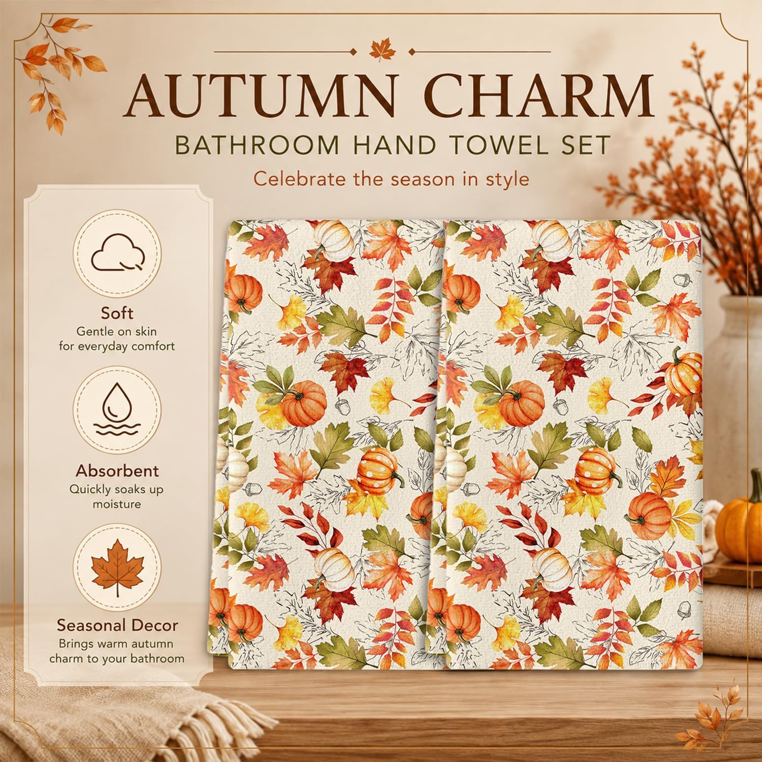 Fall Hand Towels Set of 2,Pumpkins Maple Leaves Hand Towels for Bathroom