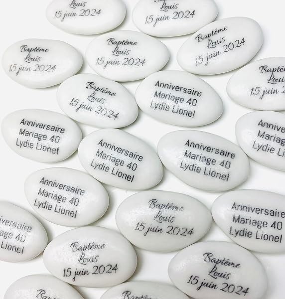 Dragées chocolat personnalisées avec votre texte 400g - Plus de 20 coloris au choix - pas cher - environ 150 dragées 71% de cacao - Fabrication artisanale en France (Blanc) - 2