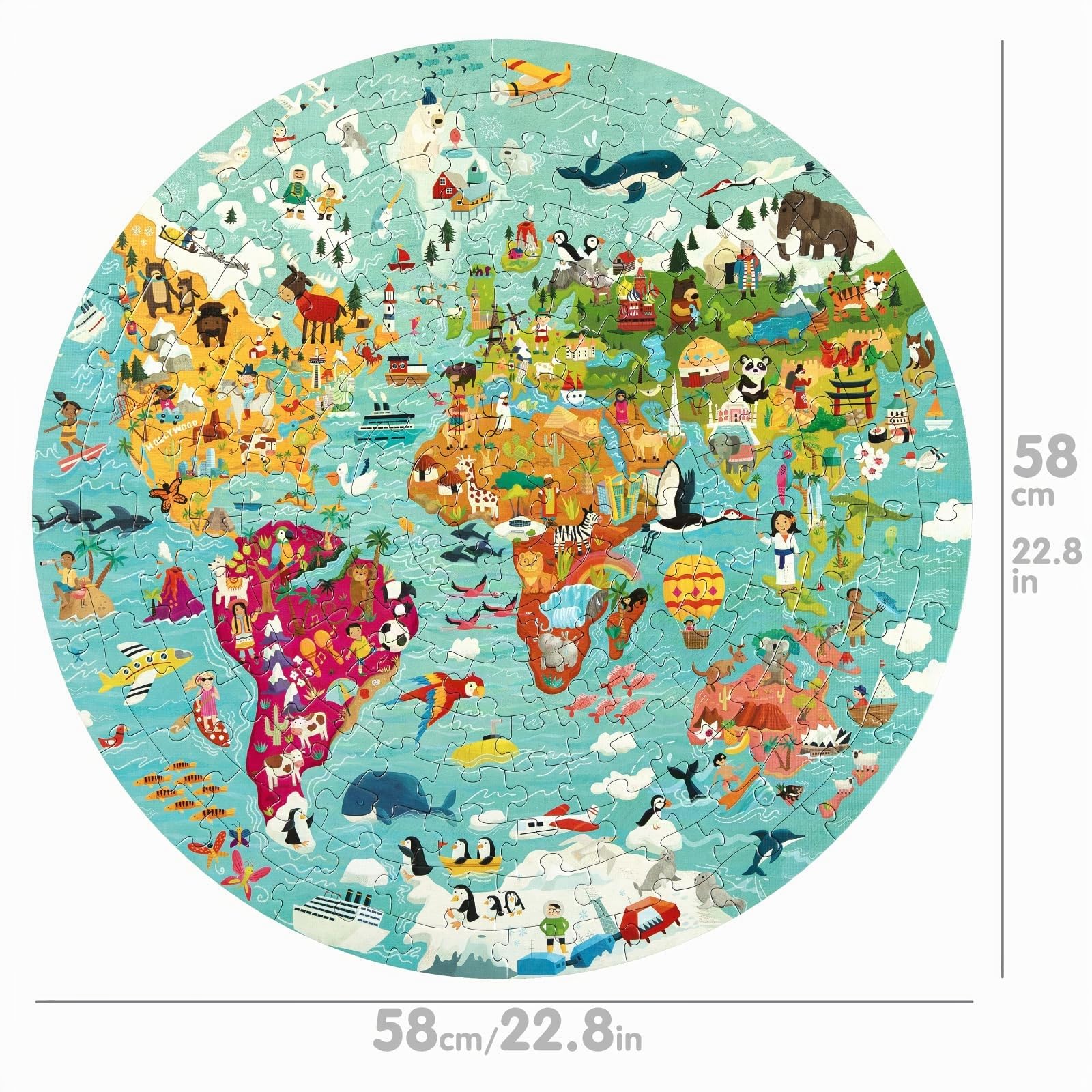 boppi puzle para niños Circular del mapamundi Hecho de cartón 100% Reciclado de 150 Piezas con Animales, para niños de 3, 4, 5, 6, 7 y 8 años, 58 cm de diámetro