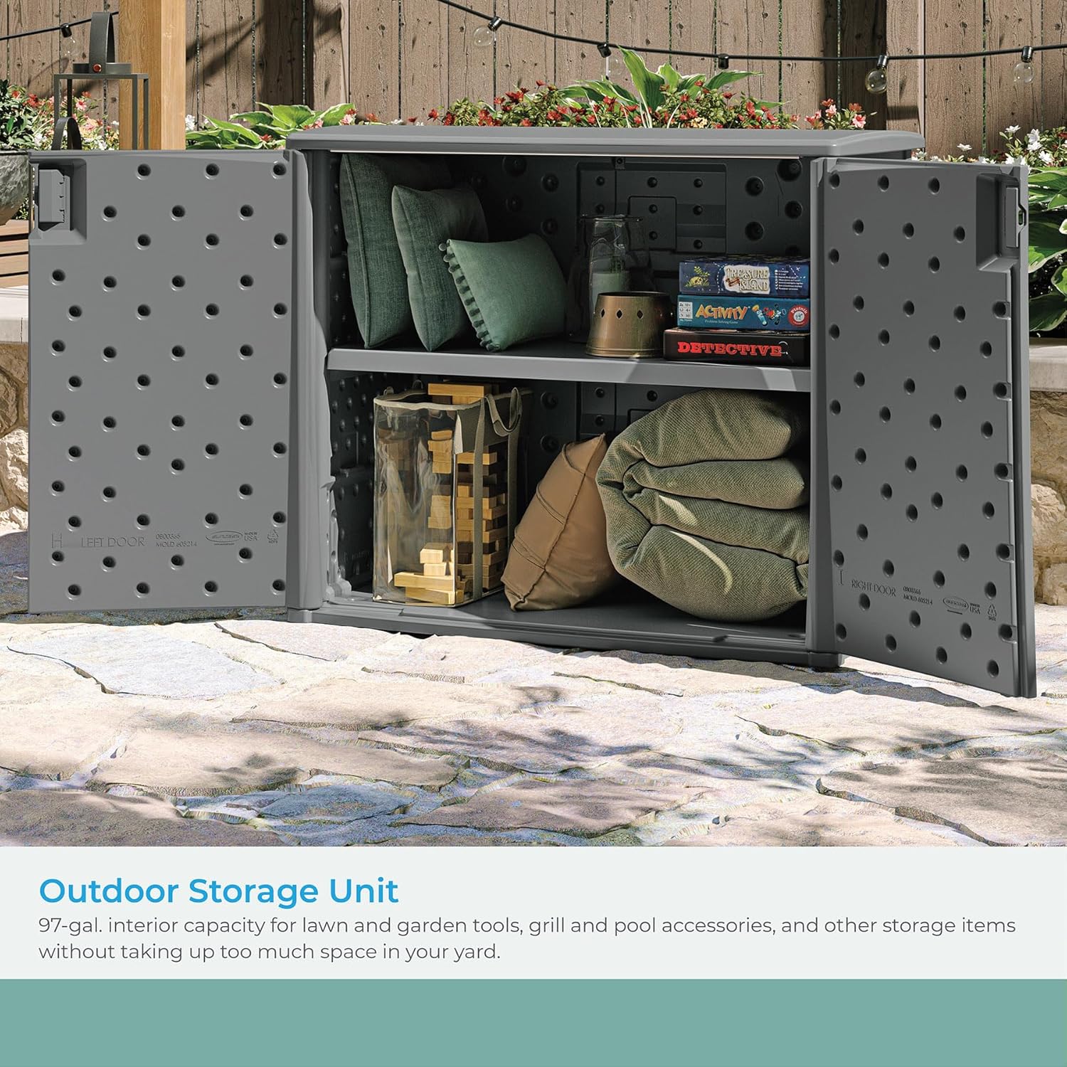 Suncast 42" Outdoor Storage Cabinet and 22 Gallon Resin Storage Seat for Patio, Deck, Yard, and Garage