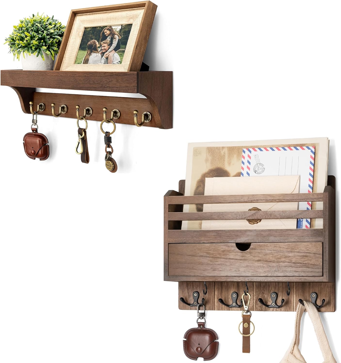 Rebee Vision Stylish Key and Mail Organizer Wall Mounted Set – Rustic Mail Holder for Wall with Drawer Organzier & Floating Shelf for Home Decor – Ideal Home Storage Solution (Brown)