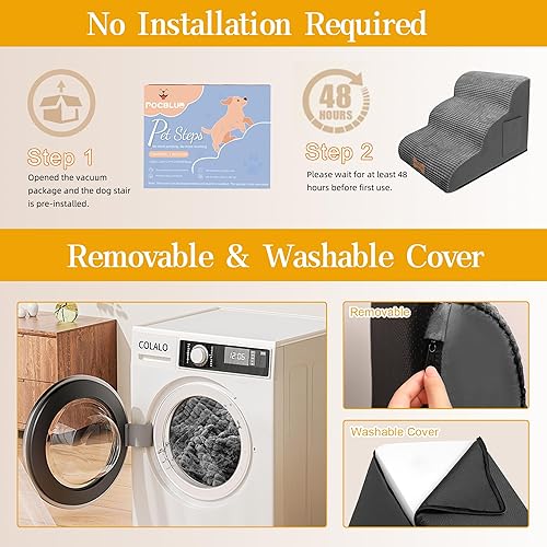POCBLUE Dog Stairs for Small Dogs 15.7" H, Wide Pet Step for Couch/Sofas/Chairs, Curved Pet Ramps for Small Dogs & Cats with High-Density Foam and Washable Cover, 3-Step, Grey(Dark Grey,15.7x22.8x15.7in,3)