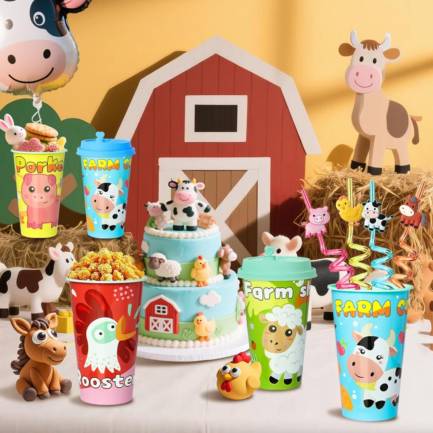 AFZMON 24 Sets Farm Animal Party Favors Goodie Cups With Lids and Silly Straws Bulk, Farm Birthday Decorations for Kids Barnyard Bags Stuffers Gifts